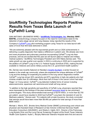 bioAffinity Technologies 报告 CyPath® Lung 在德克萨斯州 Beta 版发布会上取得积极成果